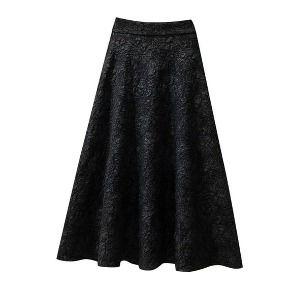 Curuila Womens Long Skirt Flower Jacquard Solid Color High Waist Mid Length Half Skirt Black Size Xl