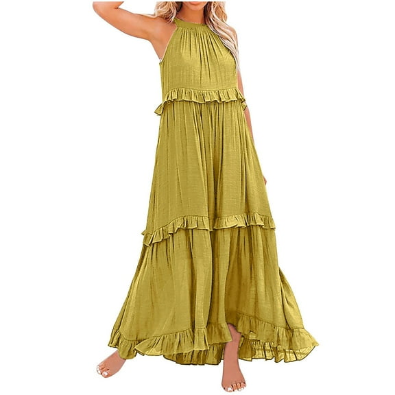 Curuila Womens Long Summer Dresses Sleeveless Solid Color Crew Neck Casual Flowy Ruffle Elegant Maxi Dress Yellow Size Xl
