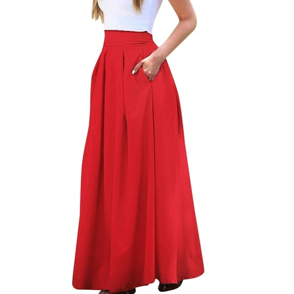 Curuila Womens Maxi Skirt High Waist Solid Color Comfort A Line Long Pleated Skirts With Pocket Red Size L