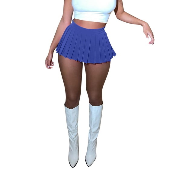 Curuila Womens Mini Skirt Fashion Casual Solid Color Short Pleated Skirt Blue Size L