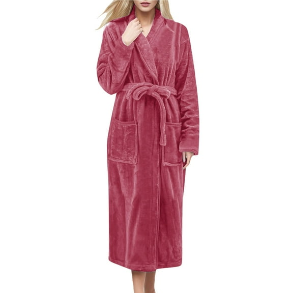 Curuila Womens Nightgown Solid Color V Neck Long Sleeve Belt Cardigan Soft Warm Winter Sleepwear With Pocket Pink Size Xl