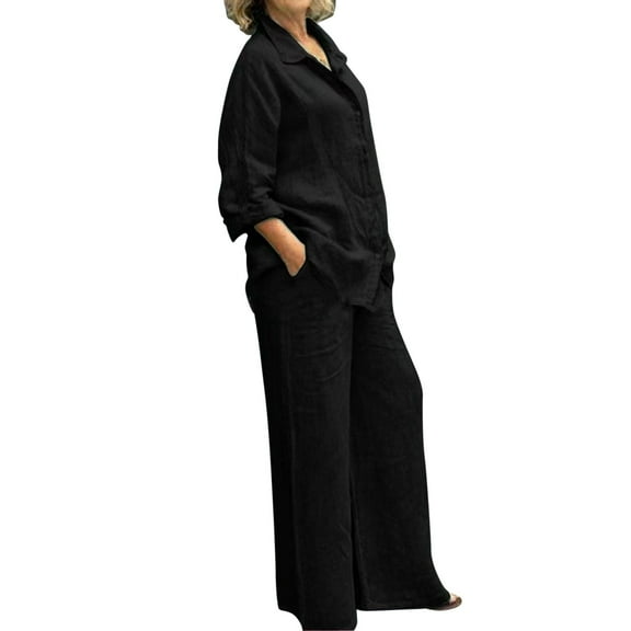 Curuila Womens Pajamas Solid Color Long Sleeve Crew Neck Top With Button Wide Leg Long Pants Summer Outfits Set Black Size L