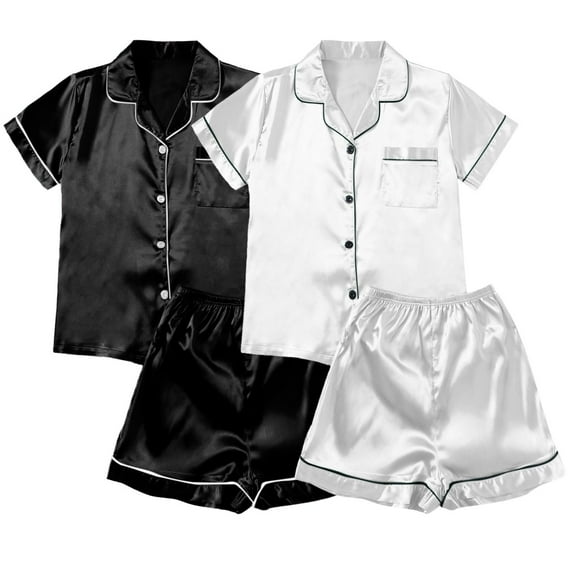 Curuila Womens Pajamas Solid Color Short Sleeve V Neck Top With Button Short Pants Lightweight Comfort Summer Two Outfits Set Black Size L