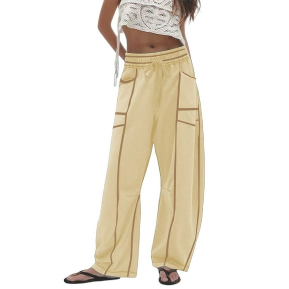 Curuila Womens Pants Drawstring Elastic Striped Print Loose Wide Leg Fashion Long Sweatpants Summer Trousers Khaki Size M