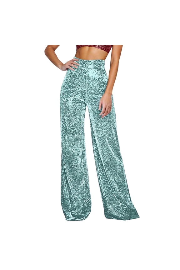 Womens Pants Fashionable Solid Color Sequins Wide Leg Loose Fit High Waist Elegant Long Trousers Mint Green Size 3Xl