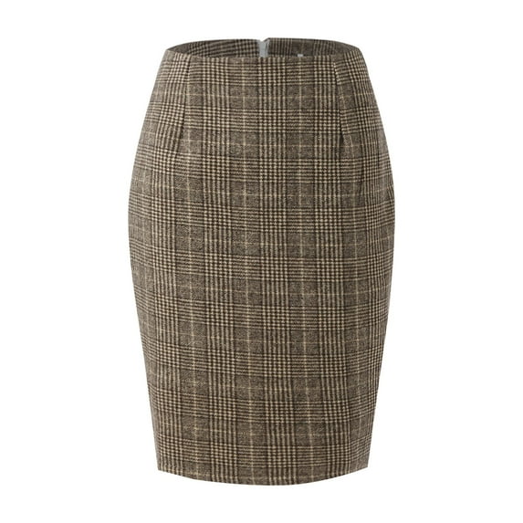 Curuila Womens Pencil Skirts Plaid Prints Fall Winter High Waisted Bodycon Knee Length Short Skirt Grey Size L