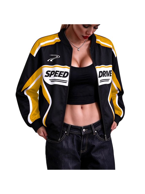 Womens Racing Jacket Loose Vintage Zip Up Race Car Varsity Bomber Jackets
