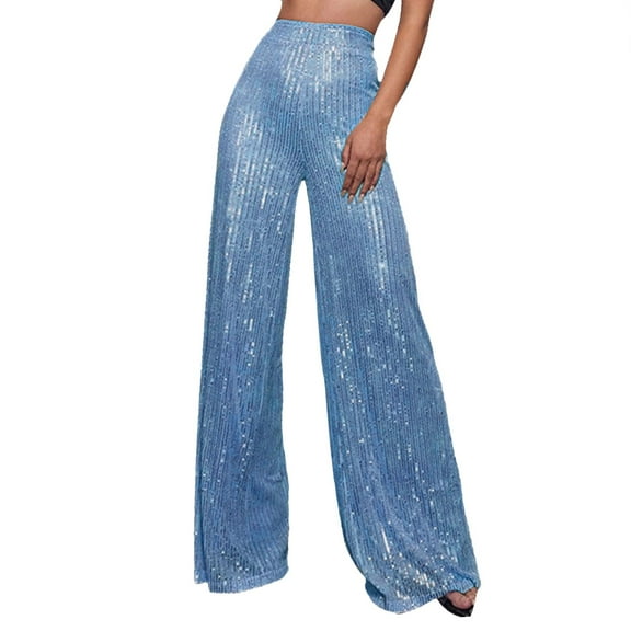 Curuila Womens Sequined Pants High Waisted Fashion Loose Wide Leg Long Flared Sweatpants Summer Trousers Blue Size L