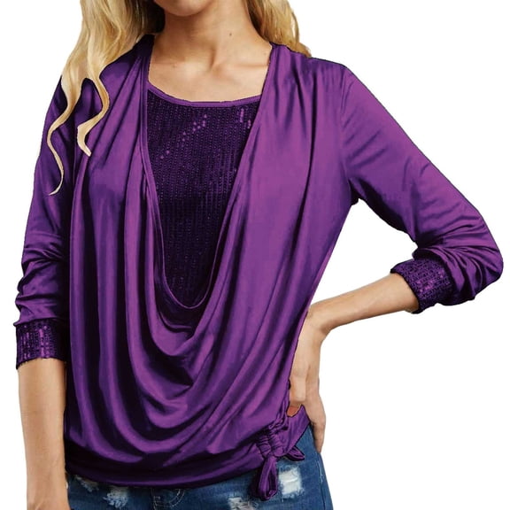 Curuila Womens Shirt Crew Neck Solid Color Sequined T Shirt Long Sleeve Comfort Spring Summer Top Purple Size S