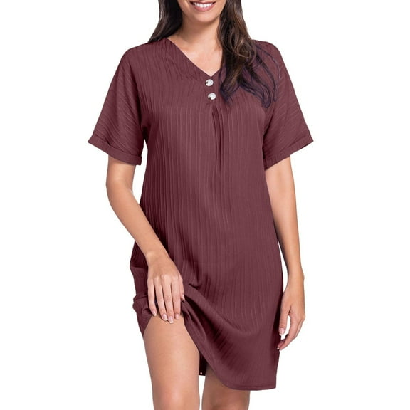 Curuila Womens Short Dresses V Neck Solid Colour Short Sleeve Comfortable Casual Button Down Dress Red Size L