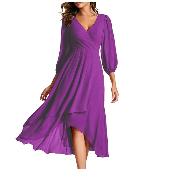 Curuila Womens Spring Summer Dresses Comfortable Soft V Neck Long Sleeves Solid Color Pleated A Line Dress Purple Size L