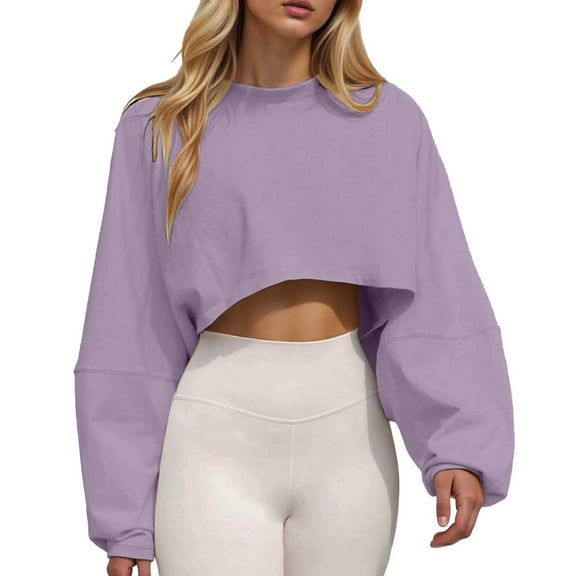 Curuila Womens Sweatshirt Solid Color Long Sleeve Crew Neck Soft Warm Fashion Autumn Short Pullover Purple Size S