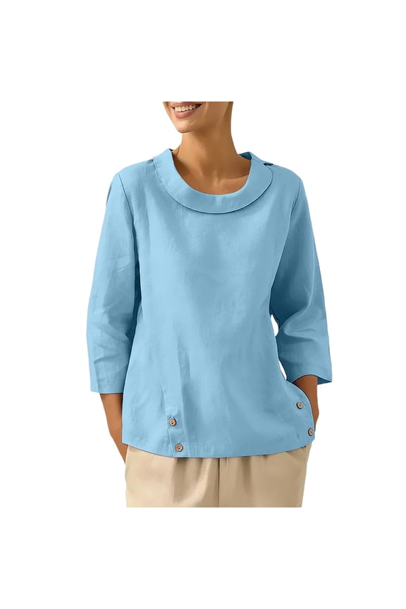 Womens Tops Loose Fit Solid Color 3/4 Sleeve Crew Neck Comfortable Casual T Shirt Blue Size 3Xl