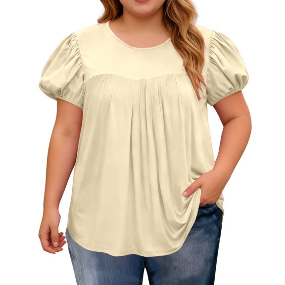 Curuila Womens Tops Plus Size Soft Casual Short Sleeve Crew Neck Basic Solid Color Comfort T Shirt Beige Size L