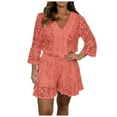 thumbnail image 1 of Curuila Womens Two Piece Set Lace V Neck Flared 3/4 Sleeves Top Shorts Solid Color Suits Elegant Fashion Casual Outfit Set Red Size L, 1 of 6