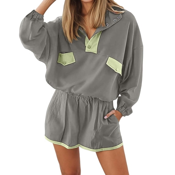 Curuila Womens Two Piece Set Long Sleeve Button High Neck Solid Color Pullover Elastic Waist Shorts With Pocket Fashion Comfort Outfit Set Grey Size 2Xl