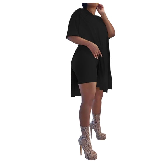 Curuila Womens Two Piece Set Short Sleeve Solid Color Crew Neck Loose Shirts Shorts Breathable Soft Outfit Set Black Size L