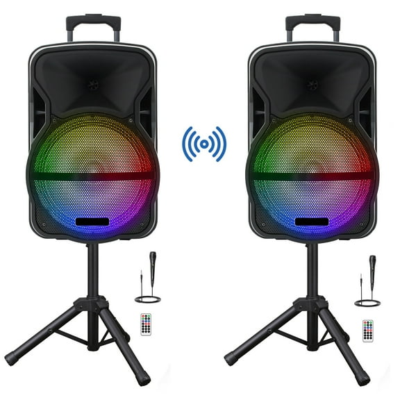 Curuk 2 Pack Wireless Speaker With Tripod Stand, 12" Woofer Bluetooth Speaker PA Sound SystemHeavy Bass Subwoofer with Trolley Handle and Wheels, Remote Control, Speaker Stand, Wired Microphone