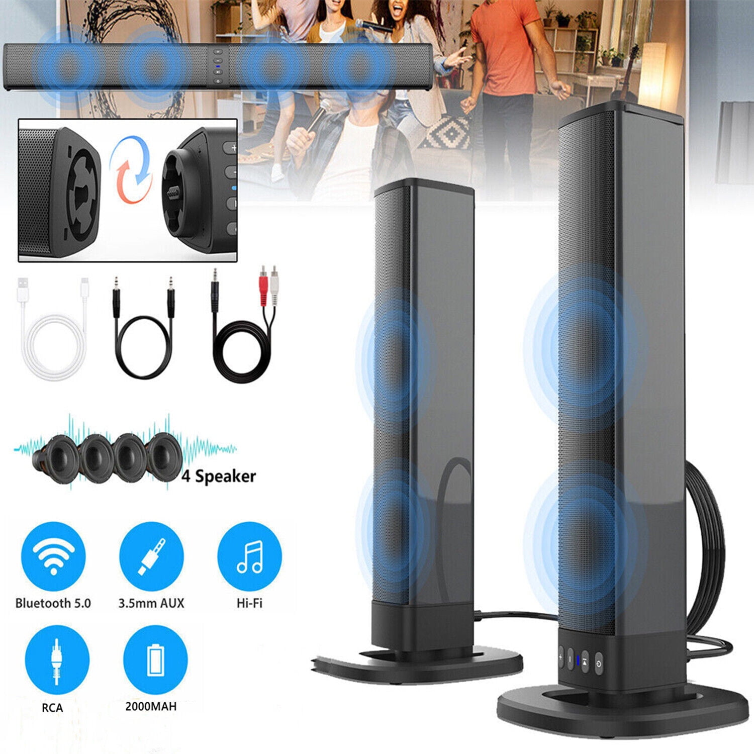 Curuk 2-in-1 Separable Bluetooth Stereo Sound Bar Home Theater Subwoofer Sound System