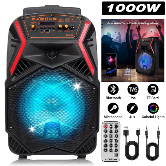 Curuk 8" Wireless Bluetooth Party Speaker, 1000W Peak Power Portable PA System with Heavy Bass Subwoofer, LED Lights, FM Radio, Remote & USB Rechargeable