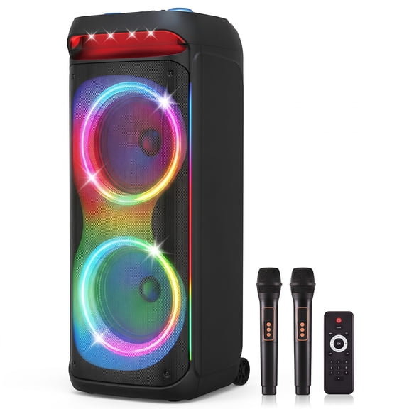 Curuk Dual 12" Portable Bluetooth Party Speaker, Outdoor PA System with 2 Wireless Mics, RGB Lights, Rechargeable, Bass Treble Echo, TWS