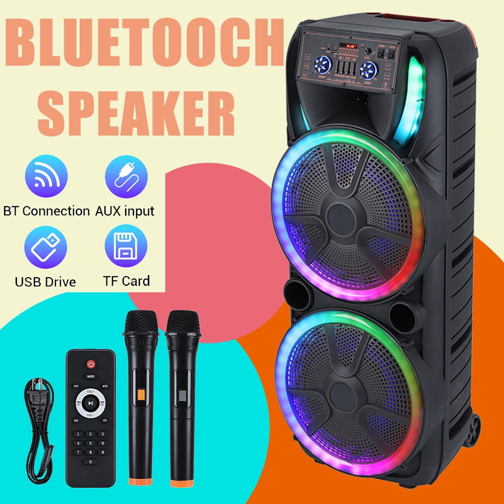 Curuk Dual 15" Bluetooth Speaker with 2 Wireless Mics RGB Lights PA Sound System