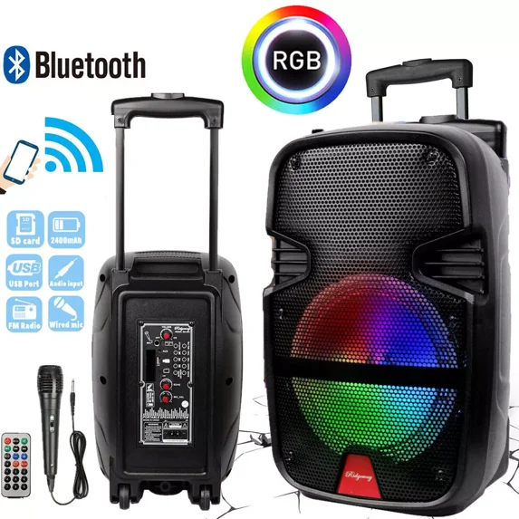 Curuk Portable Bluetooth Portable Speaker 8" Woofer PA System w/ Mic RC LED Handle Wheels