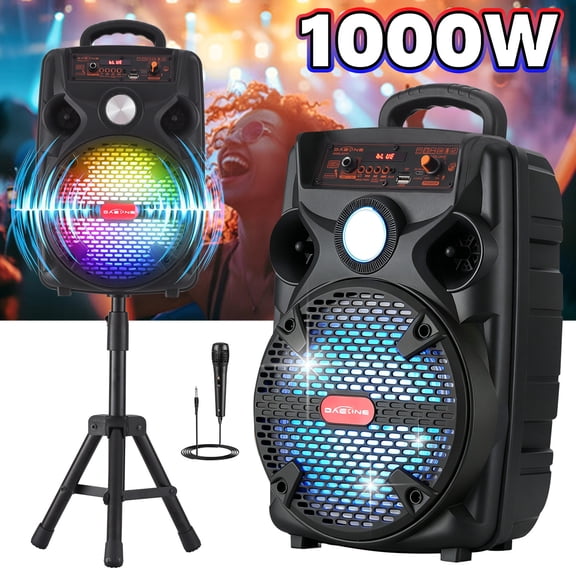 Curuk Portable Bluetooth Portable Speaker 8" Woofer PA System w/ Mic RC LED Handle Wheels