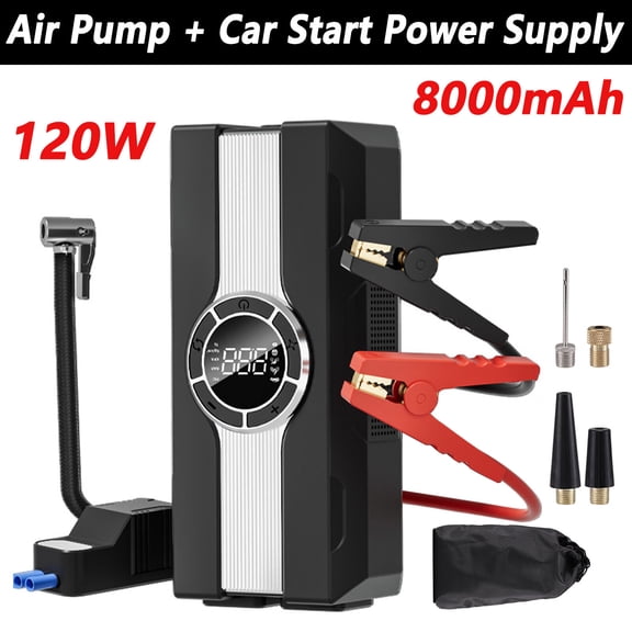 Curuk Portable Car Jump Starter with Air Compressor Power Bank 8000mAh 12V Car Battery Jump Starter 150PSI Digital Tire Inflator Portable Battery Jump Box with Jumper Cables