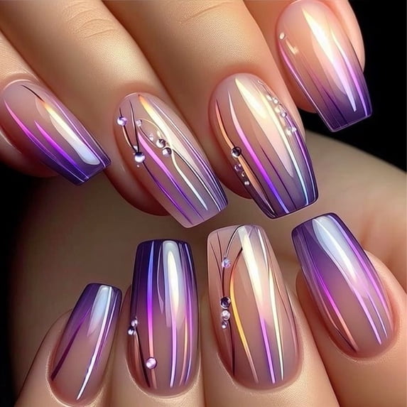 CurvLife Aurora Shine Press-On Nails - 30PCS Square, Easy Apply, Non-Toxic & Reusable