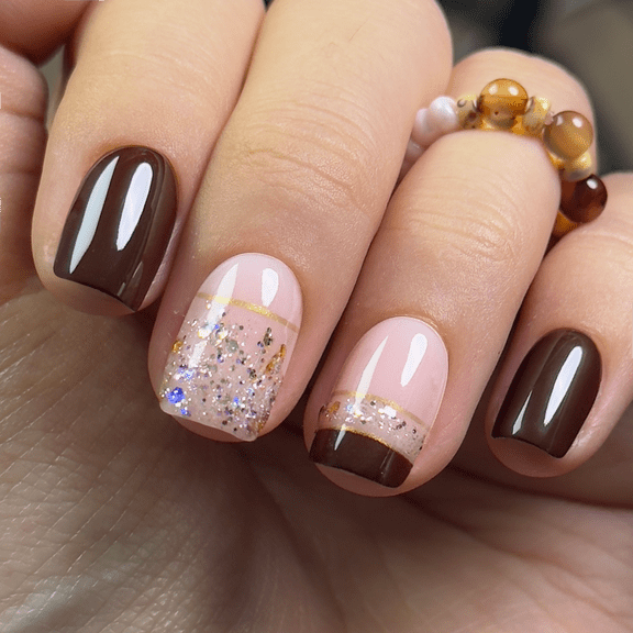 CurvLife Autumn Glow Charm Press-On Nails - 30PCS, Squoval, Easy Apply, Non-Toxic & Reusable