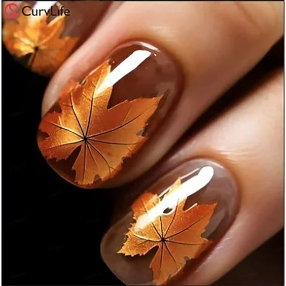 CurvLife Autumn Leaves Press-On Nails - 24PCS Short Square, Fall Foliage Landscape Design, Non-Toxic & Reusable