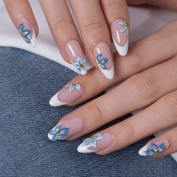 CurvLife Azure Petals Press-On Nails - 30PCS, Almond, Easy Apply, Non-Toxic & Reusable