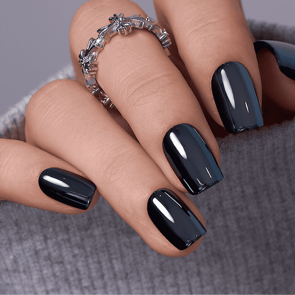 CurvLife Black Mirror Press-On Nails - 30PCS, Squoval, Easy Apply, Non-Toxic & Reusable