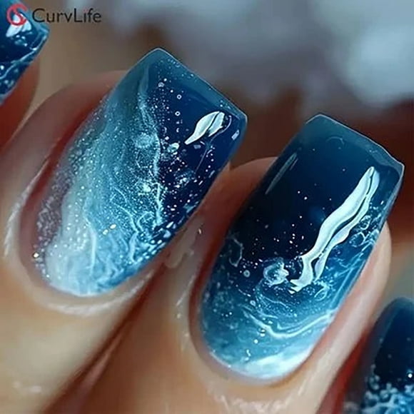 CurvLife Blue Cosmos Press-On Nails - 24PCS Short Square, Ocean Wave & Beach Design with Sequins