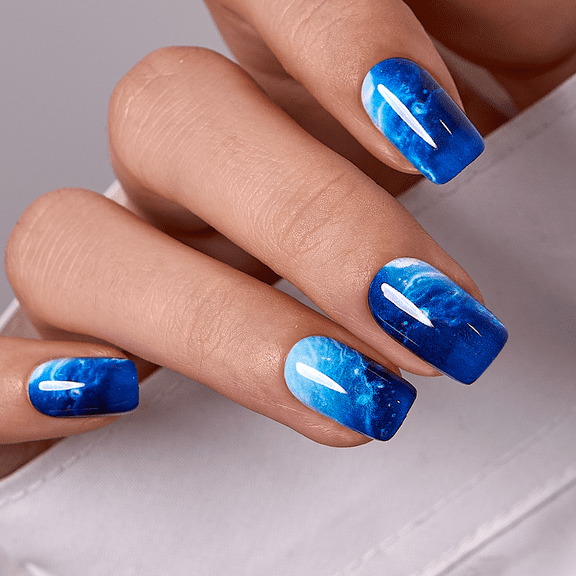 CurvLife Blue Cosmos Press-On Nails - 30PCS, Squoval, Easy Apply, Non-Toxic & Reusable
