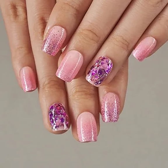 CurvLife Blush Glitter Rhapsody Mirror Press-On Nails - 30PCS Short Square, Non-Toxic & Reusable, Salon Quality