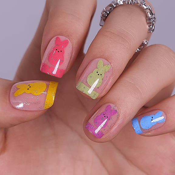 CurvLife Bunny Sparkle Press-On Nails - 30PCS, Squoval, Easy Apply, Non-Toxic & Reusable