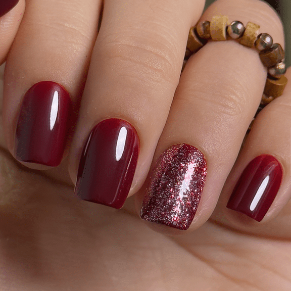 CurvLife Burgundy Bling Press-On Nails - 24PCS Short Square, Minimalist Fine Glitter, Non-Toxic & Reusable