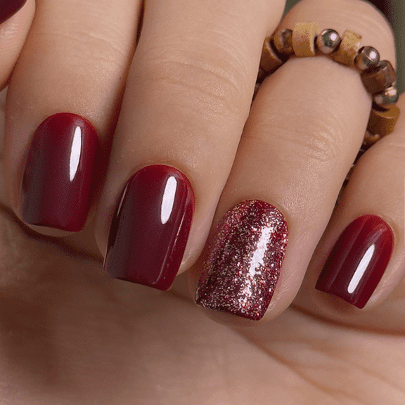 CurvLife Burgundy Bling Press-On Nails - 30PCS Short Square, Minimalist Fine Glitter, Non-Toxic & Reusable