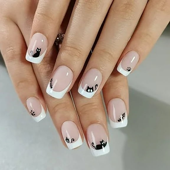 CurvLife Cat And Fish Press-On Nails - 24PCS Short Square, Cute Cartoon Pet Design, Non-Toxic & Reusable