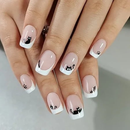 CurvLife Cat And Fish Press-On Nails - 30PCS Short Square, Cute Cartoon Pet Design, Non-Toxic & Reusable
