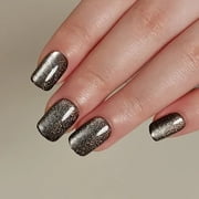 CurvLife Charcoal Glitter Press-On Nails - 30PCS Medium Round Square, Cats Eye Fine Glitter, Non-Toxic & Reusable