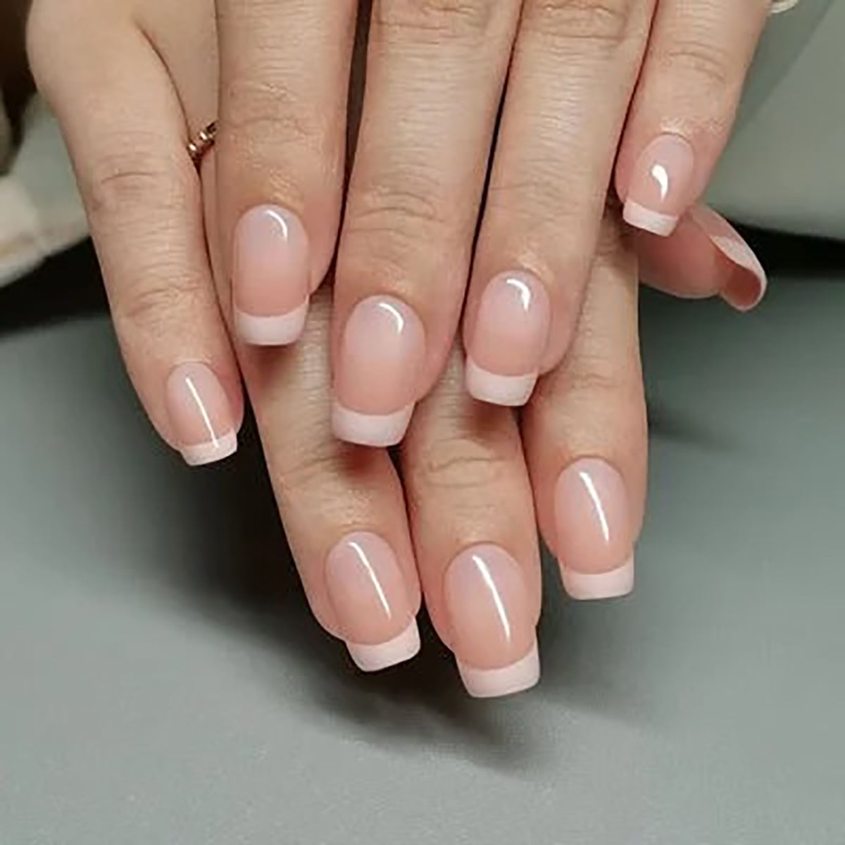 CurvLife Classic Nude Pink French Tip Press-On Nails - 24PCS Medium Square, Minimalist Style, Non-Toxic & Reusable