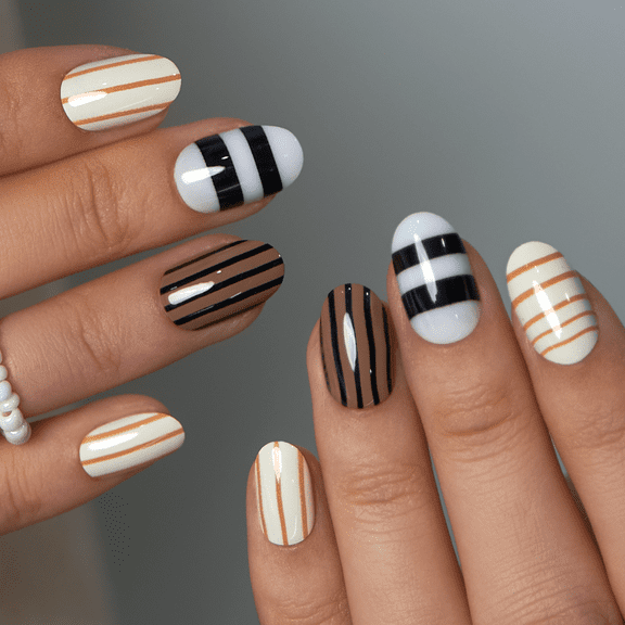 CurvLife Coffee Line Charm Press-On Nails - 30PCS, Oval, Easy Apply, Non-Toxic & Reusable
