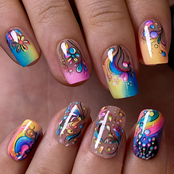 CurvLife Color Whirl Press-On Nails - 30PCS, Squoval, Easy Apply, Non-Toxic & Reusable