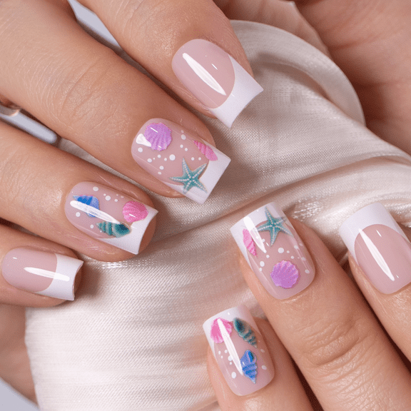 CurvLife Coral Charm Press-On Nails - 30PCS, Square, Easy Apply, Non-Toxic & Reusable