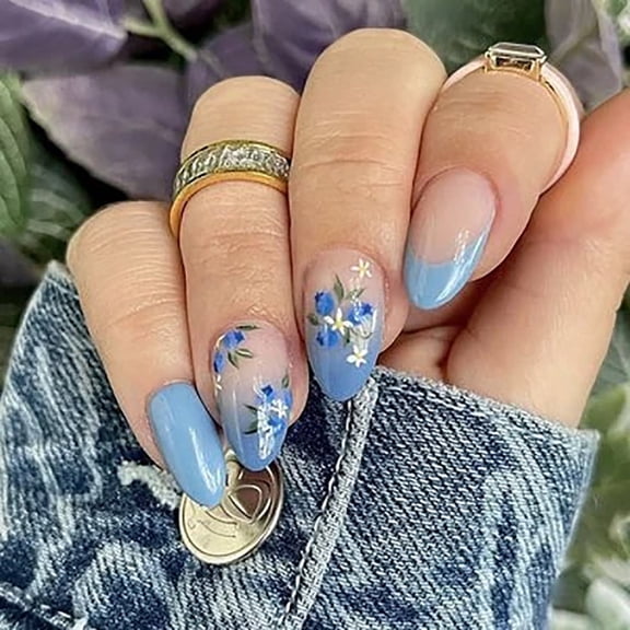 CurvLife Dainty Blue Blooms Press-On Nails - 30PCS Almond, Floral Gradient Design, Non-Toxic & Reusable