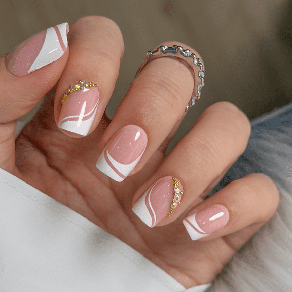 CurvLife Design - Forward Lines Press-On Nails - 30PCS, Squoval, Easy Apply, Non-Toxic & Reusable