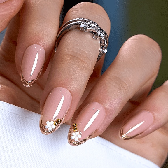 CurvLife Designers Pick Bloom Charm Press-On Nails - 30PCS, Almond, Easy Apply, Non-Toxic & Reusable
